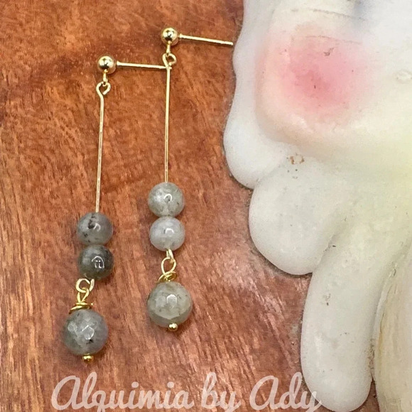 Labradorite gold balanced bar simple extra long dangle minimalist earrings - Picture 2 of 4
